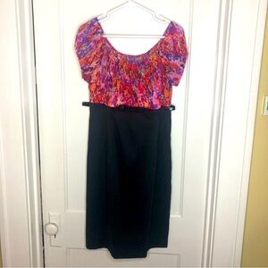 AGB Empire Waist Dress black skirt hot pink floral bodice size 12